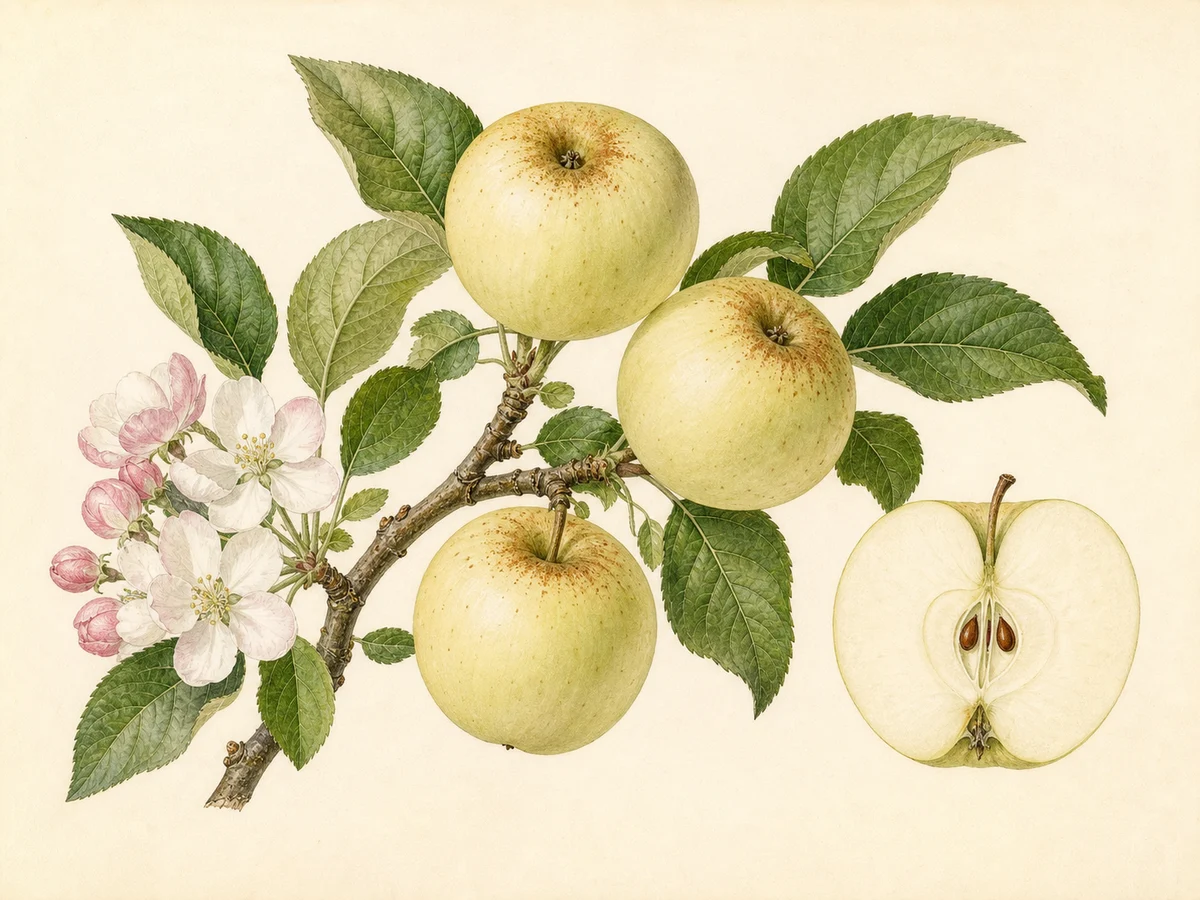 Prancha botânica complementar de Macieira ‘Pêro Branco’ (Malus domestica Mill. ‘Pêro Branco’) com caracteres de identificação e ciclo de vida