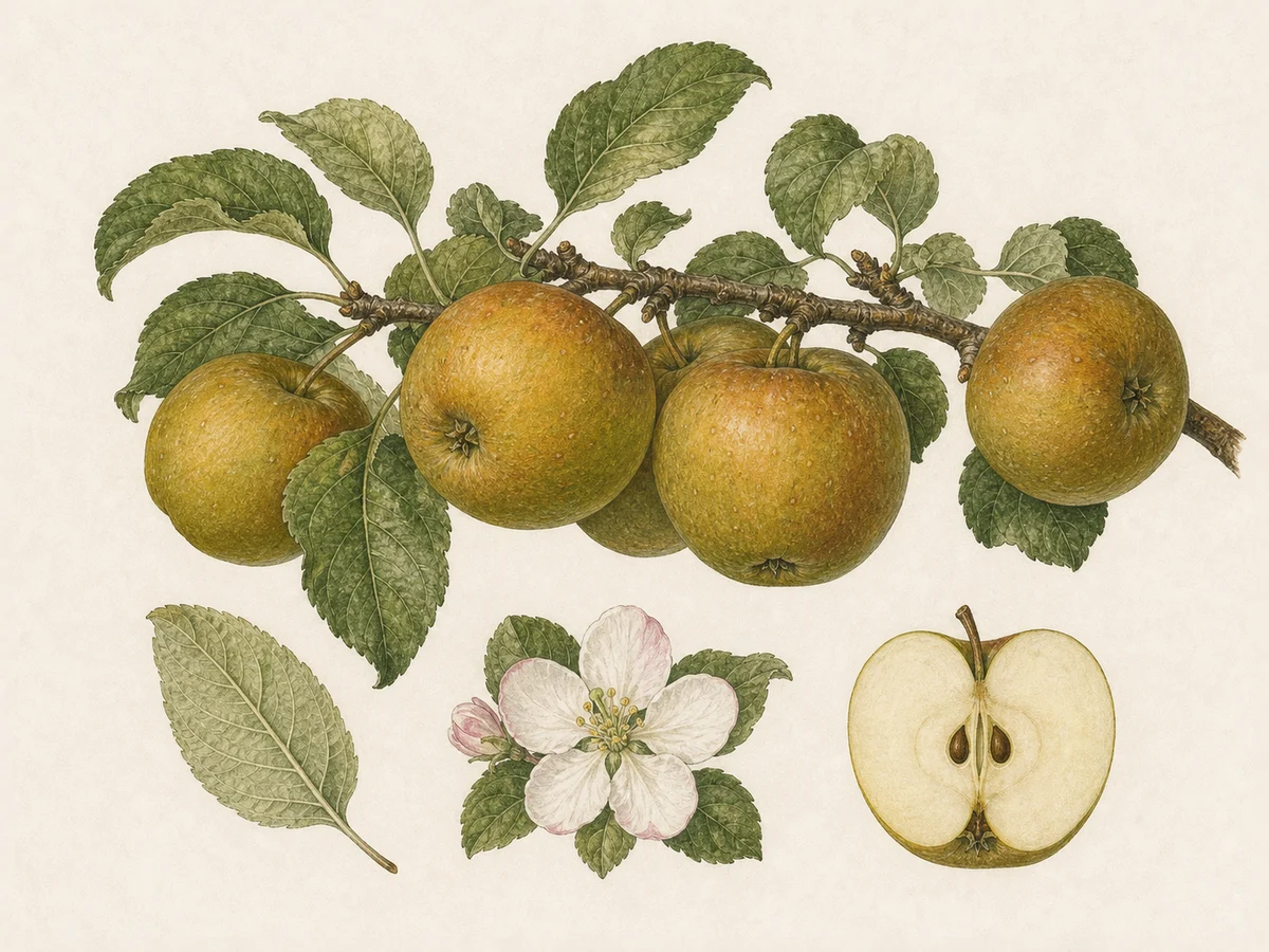 Prancha botânica complementar de Macieira ‘Pêro Coimbra’ (Malus domestica Mill. ‘Pêro Coimbra’) com caracteres de identificação e ciclo de vida