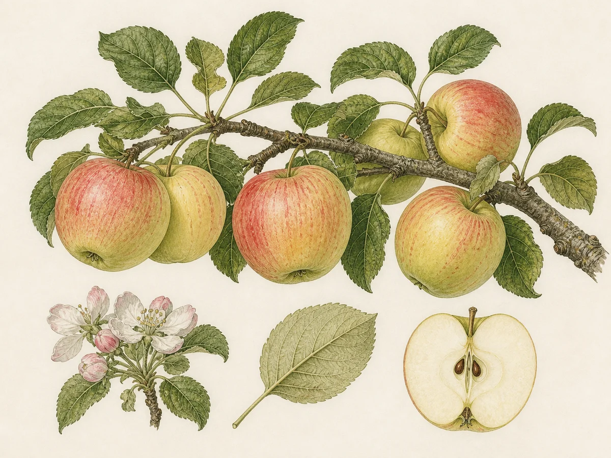 Prancha botânica complementar de Macieira ‘Pêro da Festa’ (Malus domestica Mill. ‘Pêro da Festa’) com caracteres de identificação e ciclo de vida