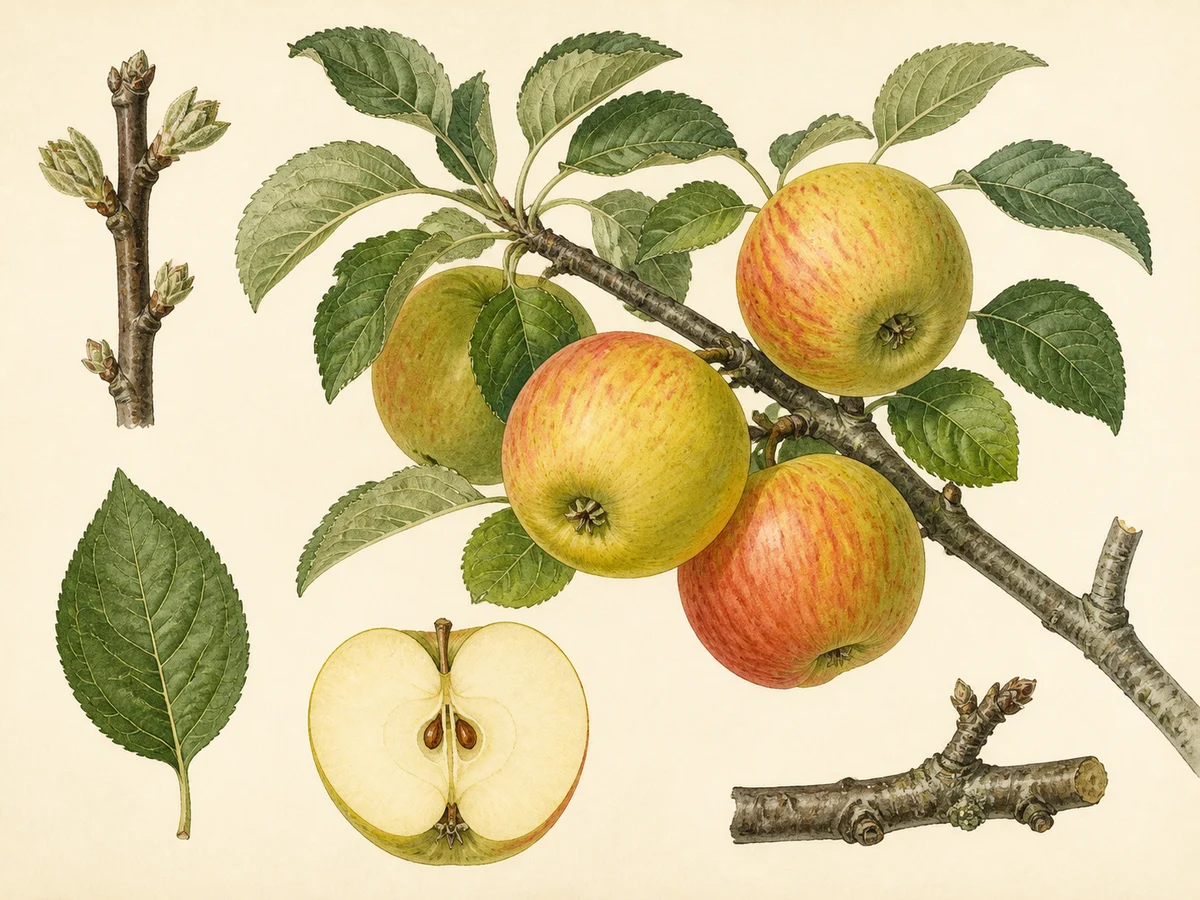 Prancha botânica complementar de Macieira ‘Pêro da Malveira’ (Malus domestica Mill. ‘Pêro da Malveira’) com caracteres de identificação e ciclo de vida