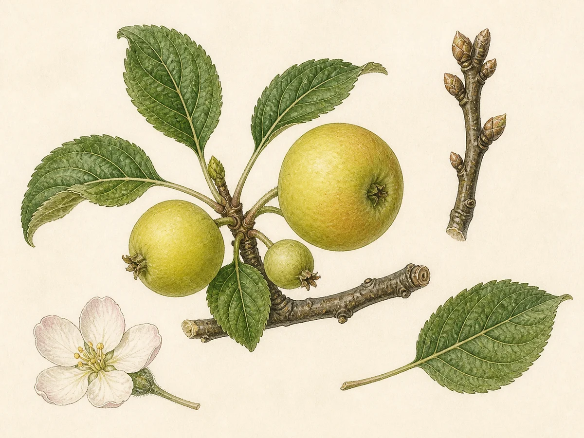 Prancha botânica complementar de Macieira ‘Pêro da Sertã’ (Malus domestica Mill. ‘Pêro da Sertã’) com caracteres de identificação e ciclo de vida