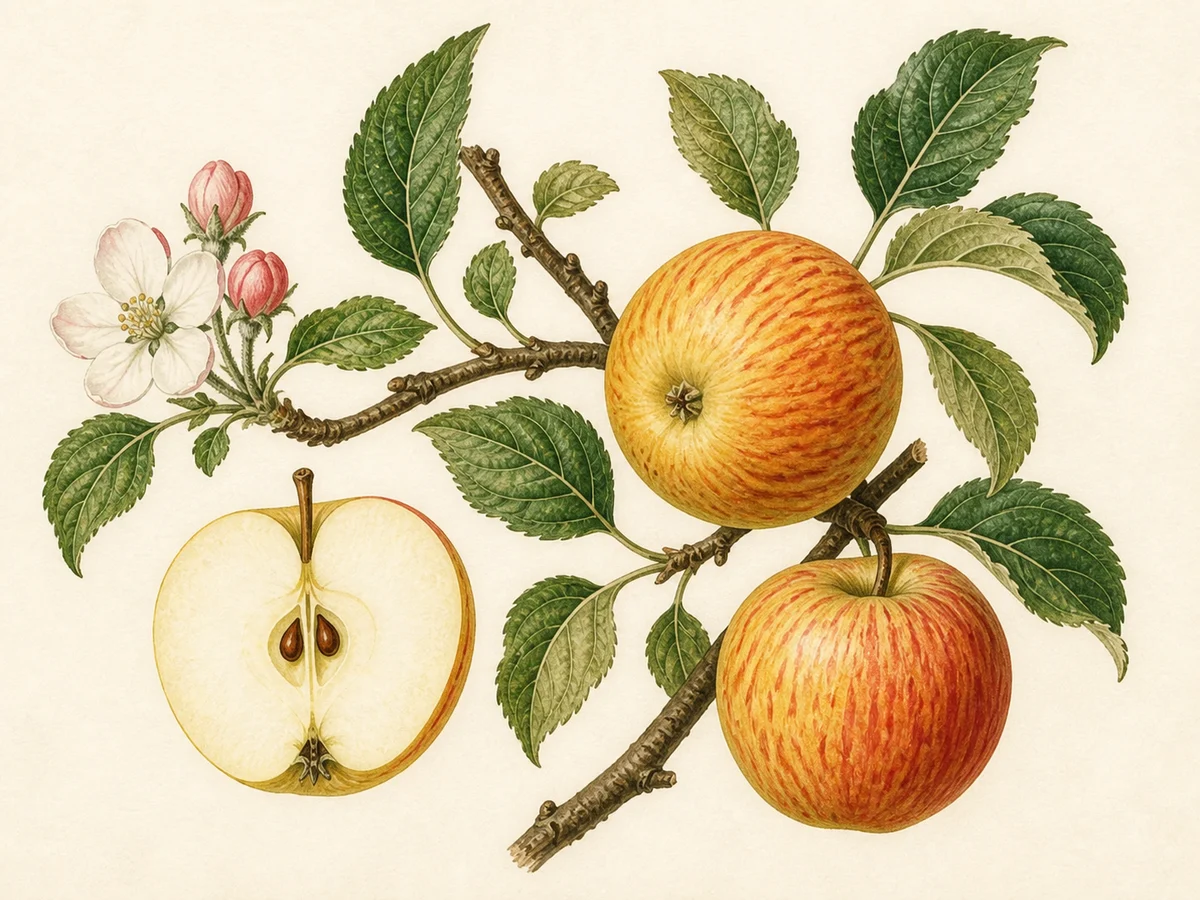 Prancha botânica complementar de Macieira ‘Pero de Borbela’ (Malus domestica Mill. ‘Pero de Borbela’) com caracteres de identificação e ciclo de vida