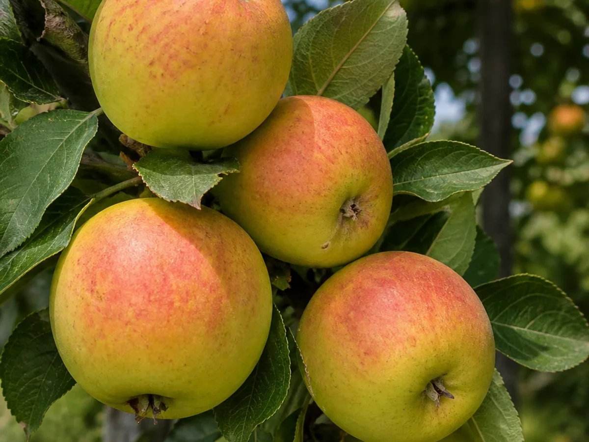 Prancha botânica complementar de Macieira ‘Pêro de Coura’ (Malus domestica Mill. ‘Pêro de Coura’) com caracteres de identificação e ciclo de vida