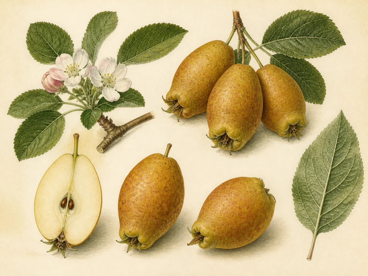 Prancha botânica complementar de Macieira ‘Pêro Focinho de Rato’ (Malus domestica Mill. ‘Pêro Focinho de Rato’) com caracteres de identificação e ciclo de vida