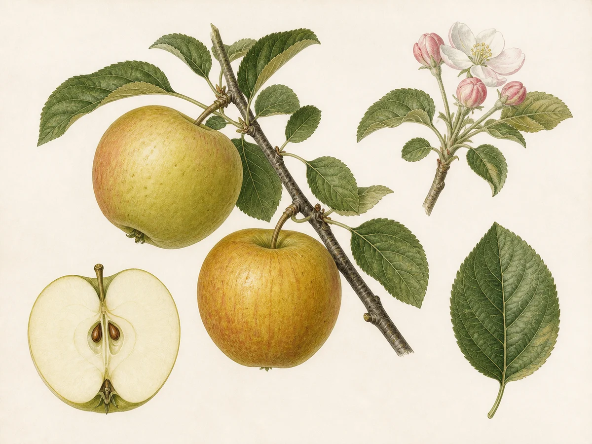 Prancha botânica complementar de Macieira ‘Pêro Sousa’ (Malus domestica Mill. ‘Pêro Sousa’) com caracteres de identificação e ciclo de vida
