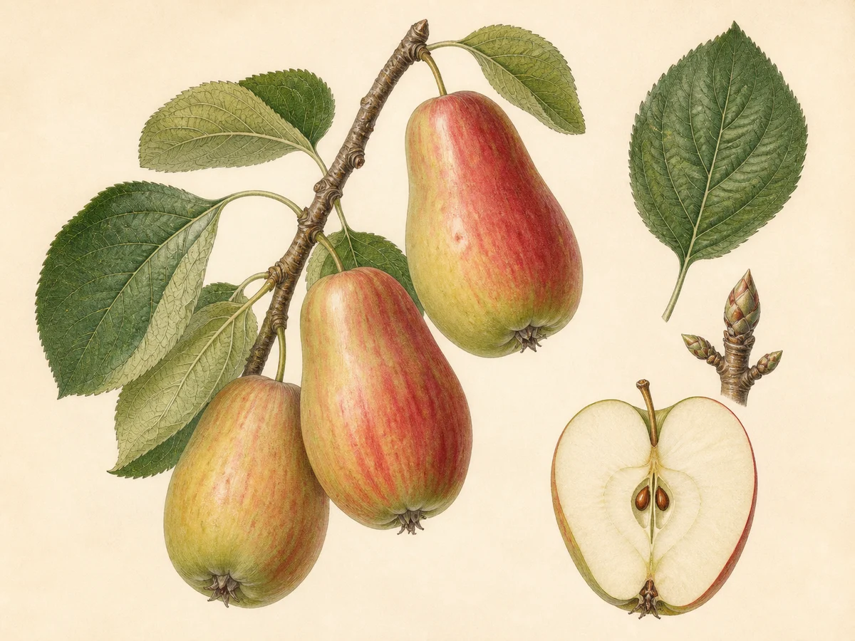 Prancha botânica complementar de Macieira ‘Pêro Vime’ (Malus domestica Mill. ‘Pêro Vime’) com caracteres de identificação e ciclo de vida