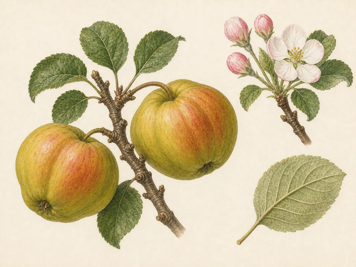 Prancha botânica complementar de Macieira ‘Pipa’ (Malus domestica Mill. ‘Pipa’) com caracteres de identificação e ciclo de vida