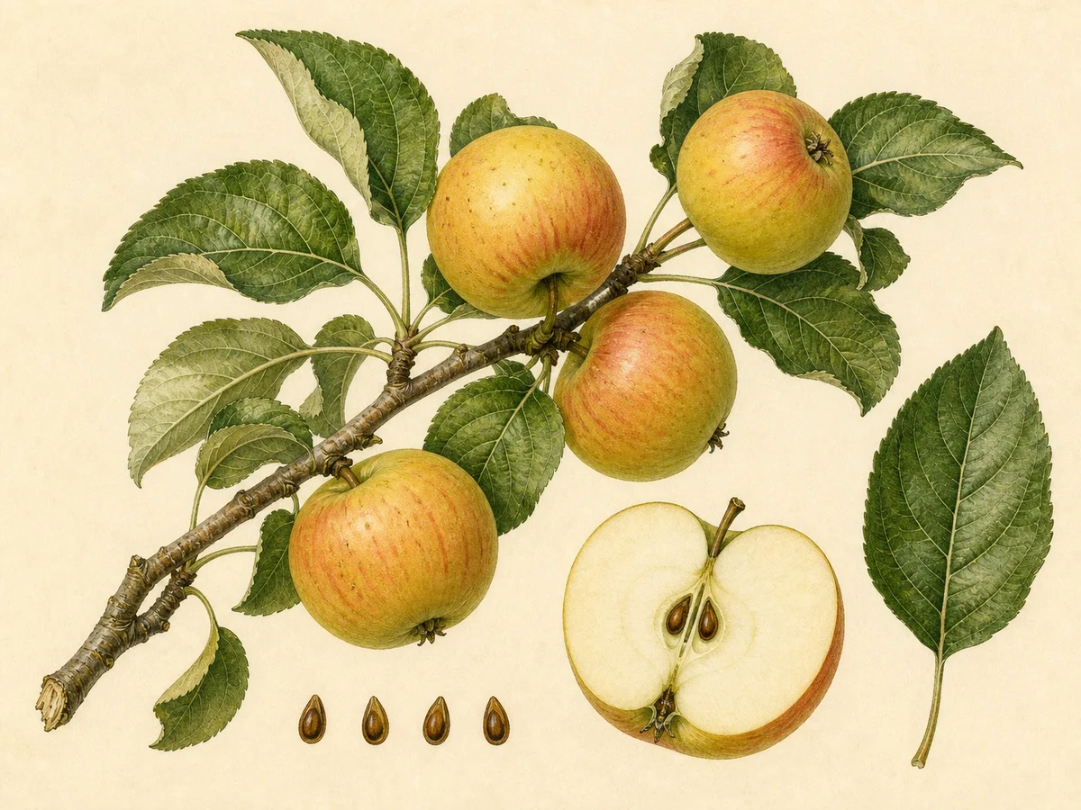 Prancha botânica complementar de Macieira ‘Piparote’ (Malus domestica Mill. ‘Piparote’) com caracteres de identificação e ciclo de vida