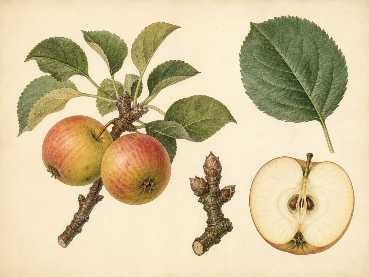 Prancha botânica complementar de Macieira ‘Pipo de Basto’ (Malus domestica Mill. ‘Pipo de Basto’) com caracteres de identificação e ciclo de vida