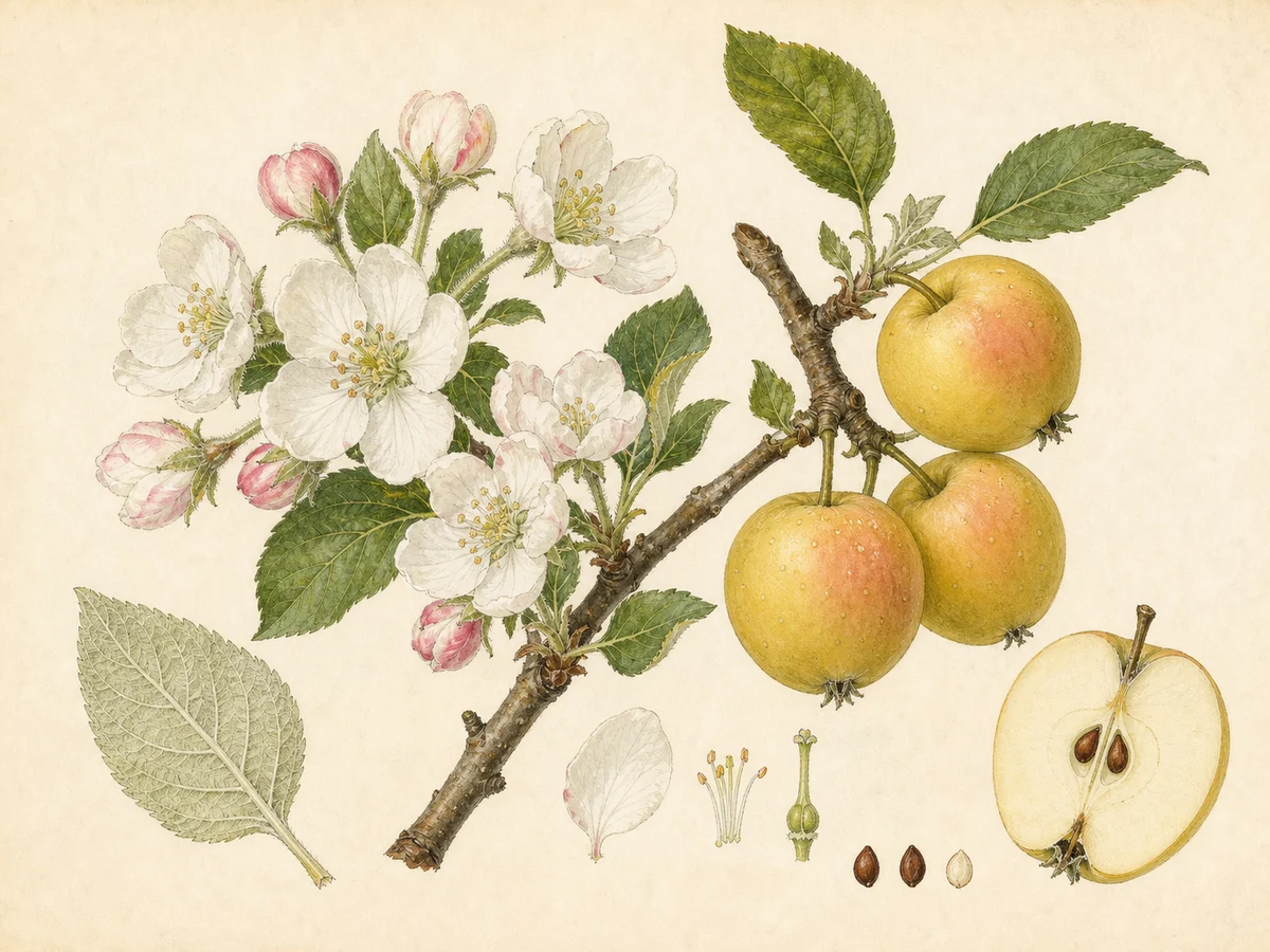 Prancha botânica complementar de Macieira ‘Polinizadora da Golden’ (Malus domestica Mill. ‘Polinizadora da Golden’) com caracteres de identificação e ciclo de vida