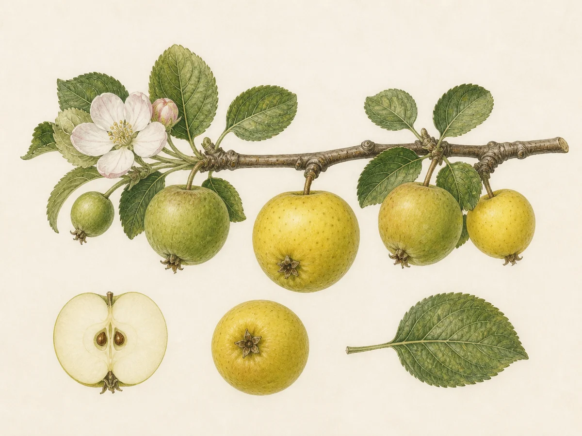 Prancha botânica complementar de Macieira ‘Porqueira’ (Malus domestica Mill. ‘Porqueira’) com caracteres de identificação e ciclo de vida