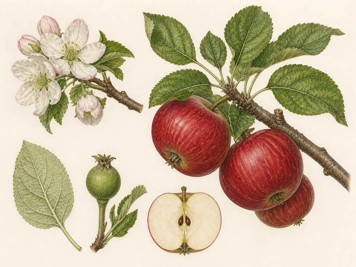 Prancha botânica complementar de Macieira ‘Produtor Directo’ (Malus domestica Mill. ‘Produtor Directo’) com caracteres de identificação e ciclo de vida