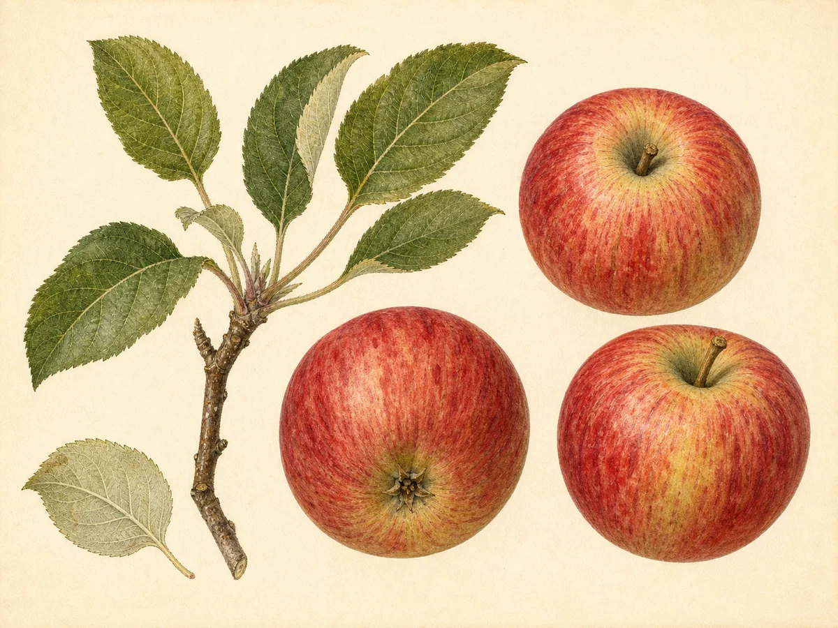 Prancha botânica complementar de Macieira ‘Rabugil’ (Malus domestica Mill. ‘Rabugil’) com caracteres de identificação e ciclo de vida
