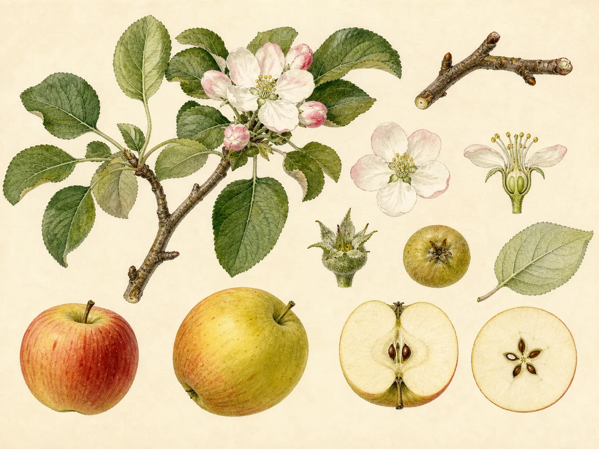 Prancha botânica complementar de Macieira ‘Repinau’ (Malus domestica Mill. ‘Repinau’) com caracteres de identificação e ciclo de vida