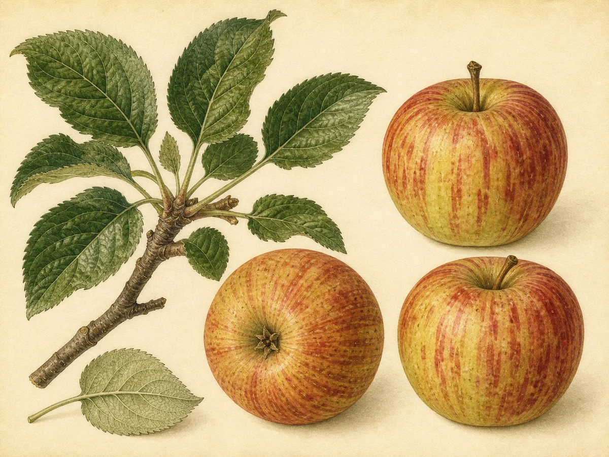 Prancha botânica complementar de Macieira ‘Riscadinha (Forles)’ (Malus domestica Mill. ‘Riscadinha (Forles)’) com caracteres de identificação e ciclo de vida