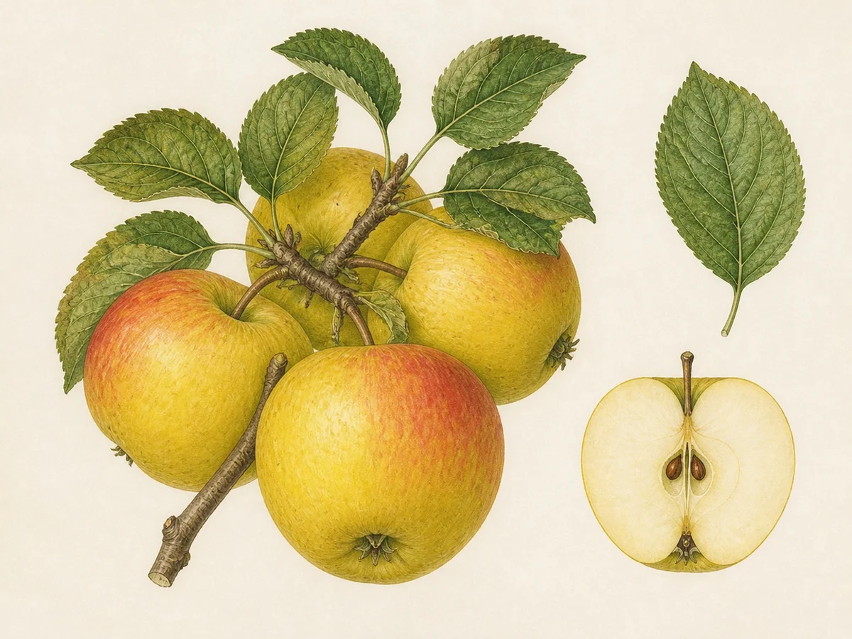 Prancha botânica complementar de Macieira ‘Santiago’ (Malus domestica Mill. ‘Santiago’) com caracteres de identificação e ciclo de vida