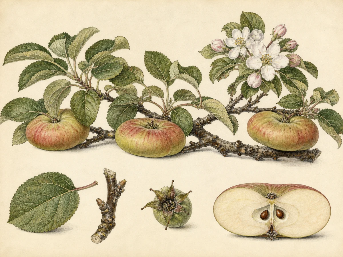 Prancha botânica complementar de Macieira ‘Três ao Prato (achatada)’ (Malus domestica Mill. ‘Três ao Prato (achatada)’) com caracteres de identificação e ciclo de vida