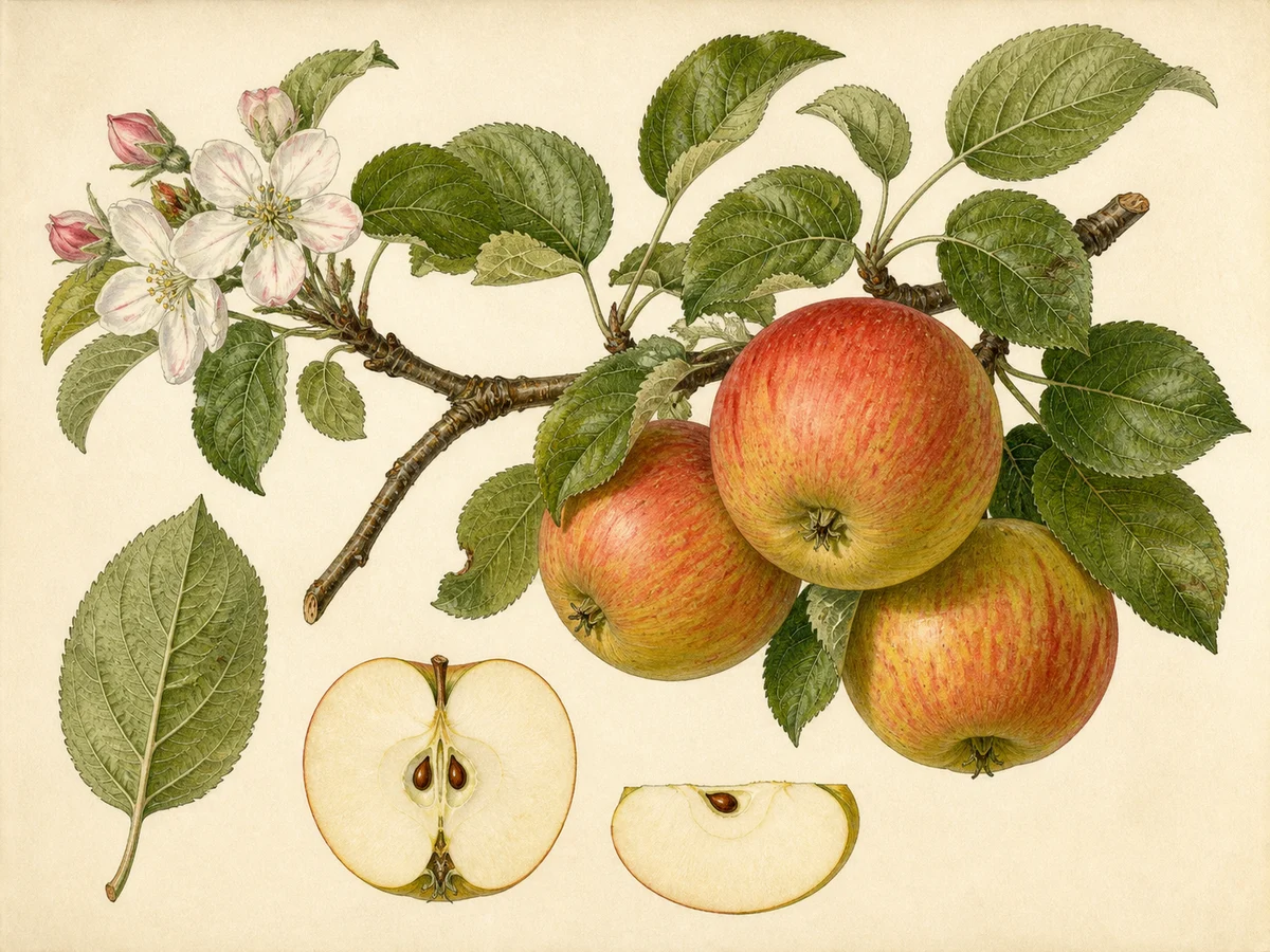 Prancha botânica complementar de Macieira ‘Três ao prato (IFEC)’ (Malus domestica Mill. ‘Três ao prato (IFEC)’) com caracteres de identificação e ciclo de vida