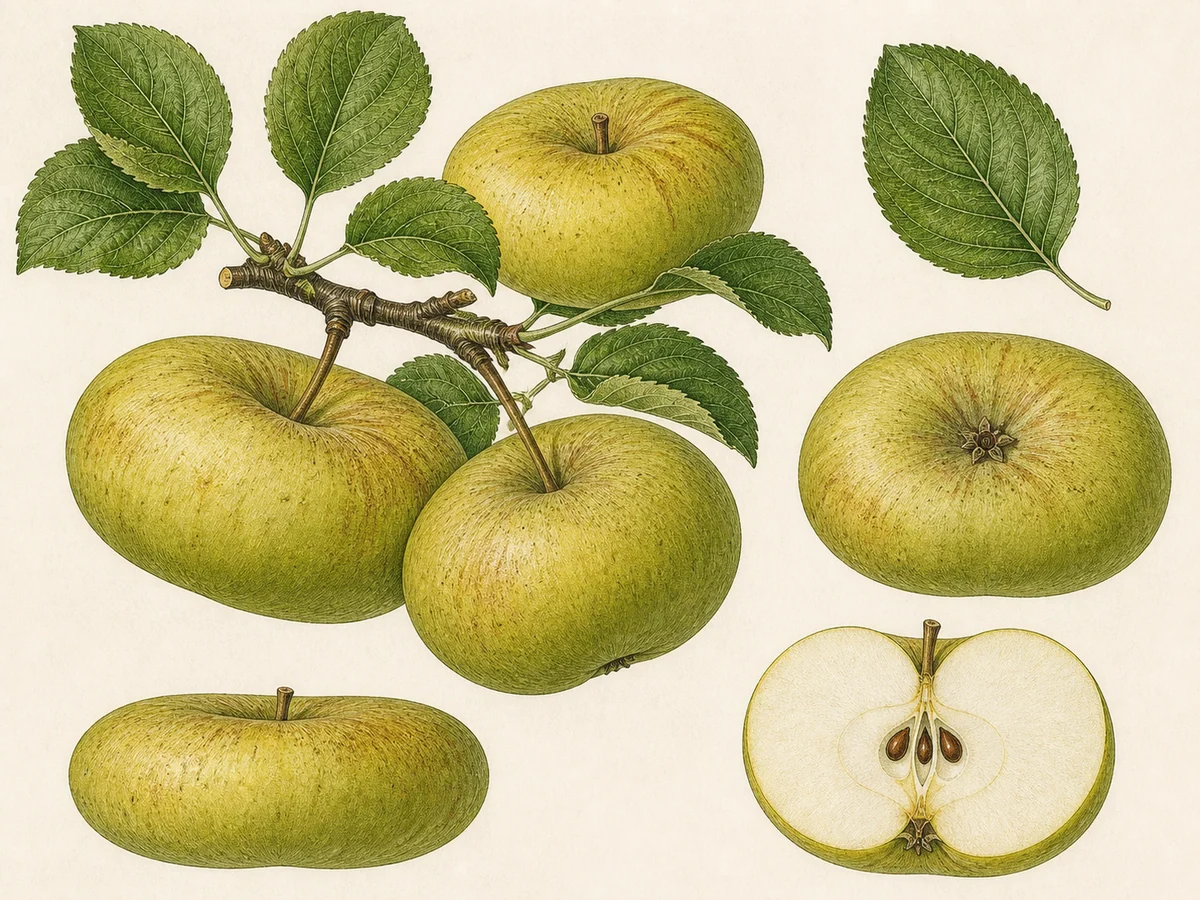 Prancha botânica complementar de Macieira ‘Três ao Prato’ (Malus domestica Mill. ‘Três ao Prato’) com caracteres de identificação e ciclo de vida