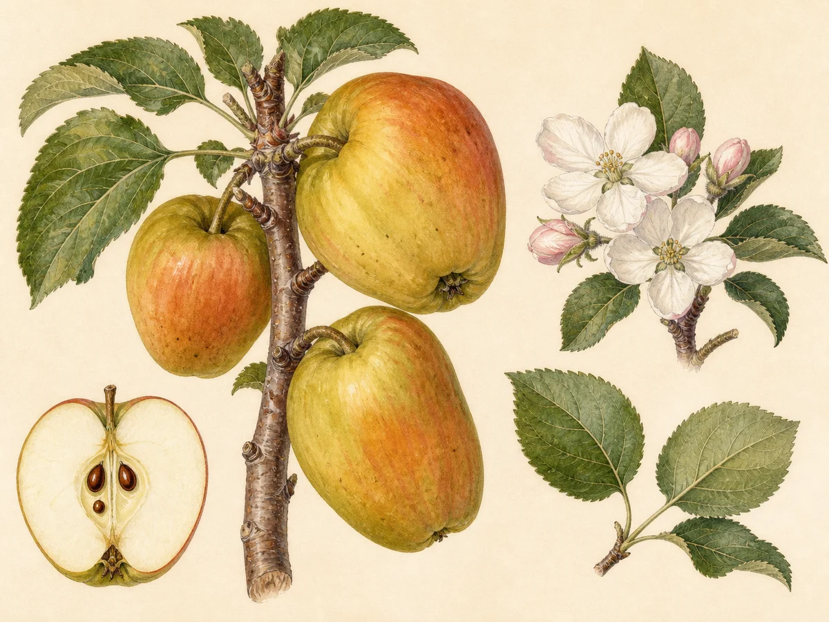 Prancha botânica complementar de Macieira ‘Tromba de Boi’ (Malus domestica Mill. ‘Tromba de Boi’) com caracteres de identificação e ciclo de vida
