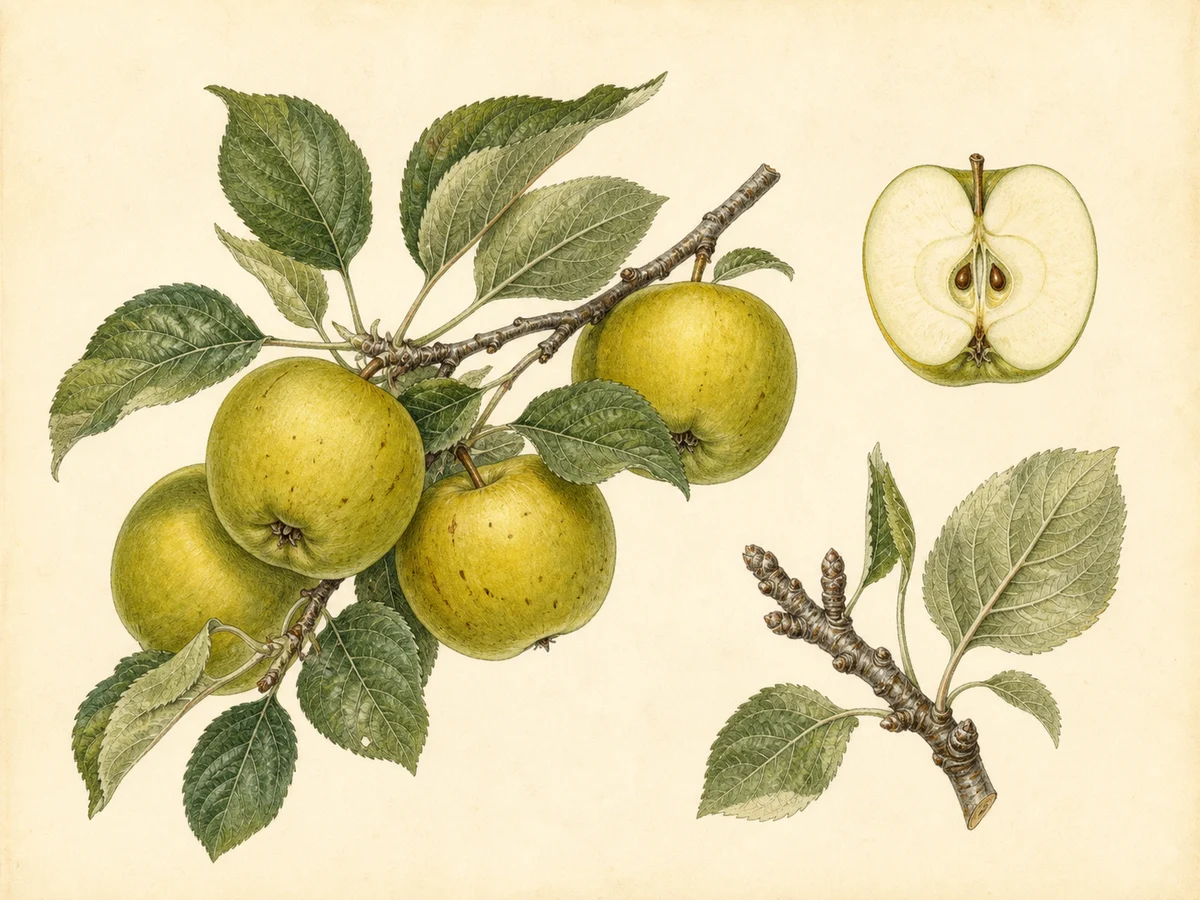 Prancha botânica complementar de Macieira ‘Verde de Inverno’ (Malus domestica Mill. ‘Verde de Inverno’) com caracteres de identificação e ciclo de vida