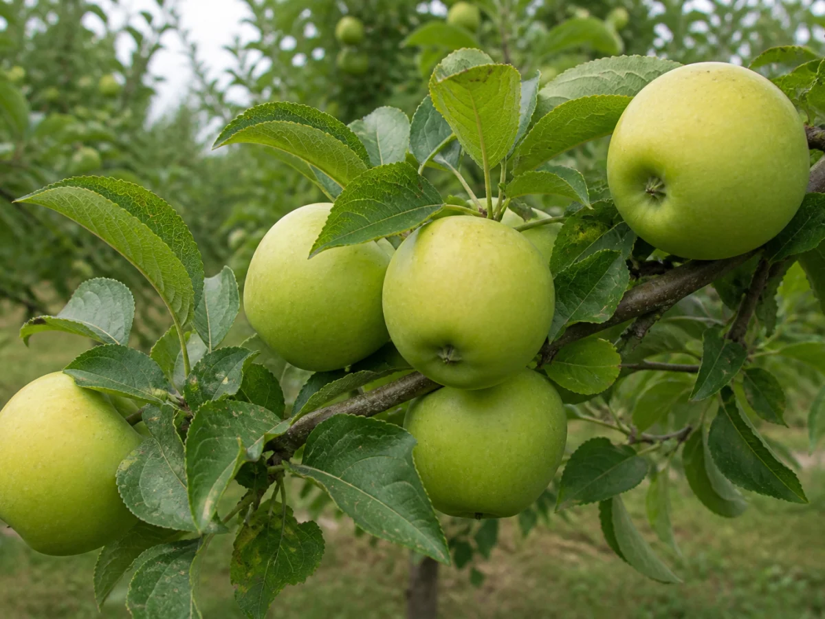 Prancha botânica complementar de Macieira ‘Verdeal Coroada’ (Malus domestica Mill. ‘Verdeal Coroada’) com caracteres de identificação e ciclo de vida