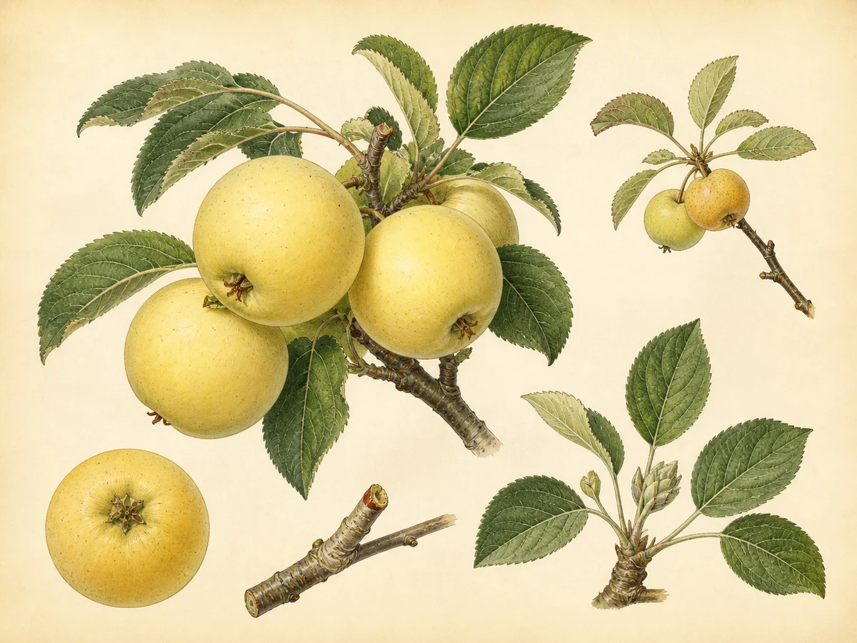Prancha botânica complementar de Macieira ‘Zé Pereira’ (Malus domestica Mill. ‘Zé Pereira’) com caracteres de identificação e ciclo de vida
