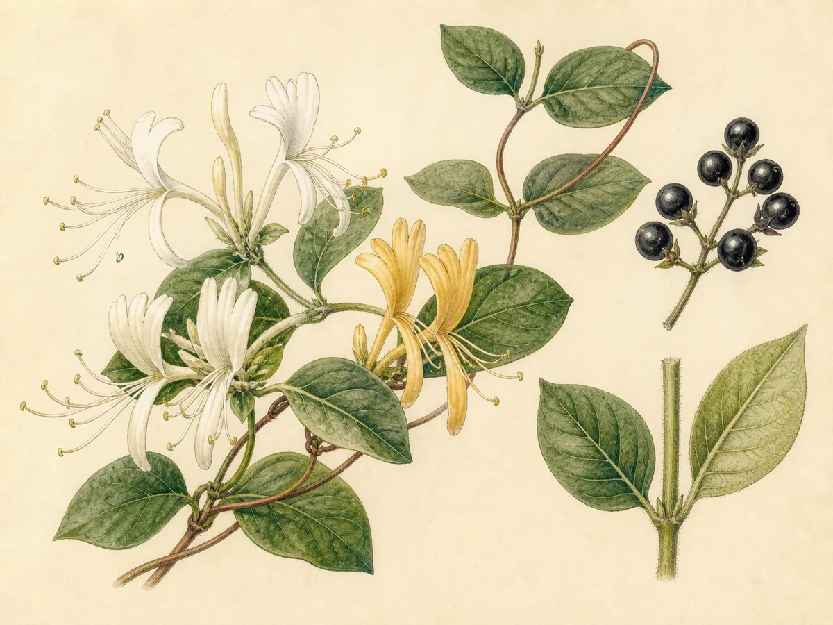 Prancha botânica complementar de Madressilva-dos-jardins — não plantar na Madeira (Lonicera japonica) com caracteres de identificação e ciclo de vida