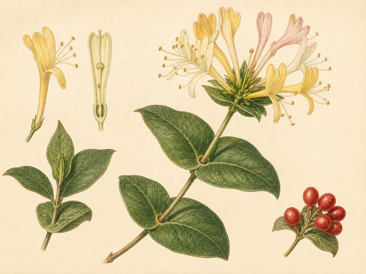 Prancha botânica complementar de Madressilva-mediterrânica (Lonicera implexa) com caracteres de identificação e ciclo de vida