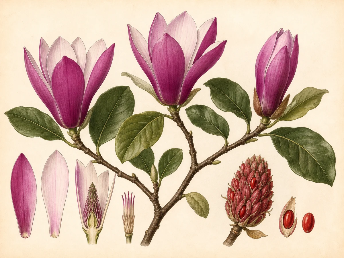 Prancha botânica complementar de Magnólia-liliiflora (Magnolia liliiflora) com caracteres de identificação e ciclo de vida