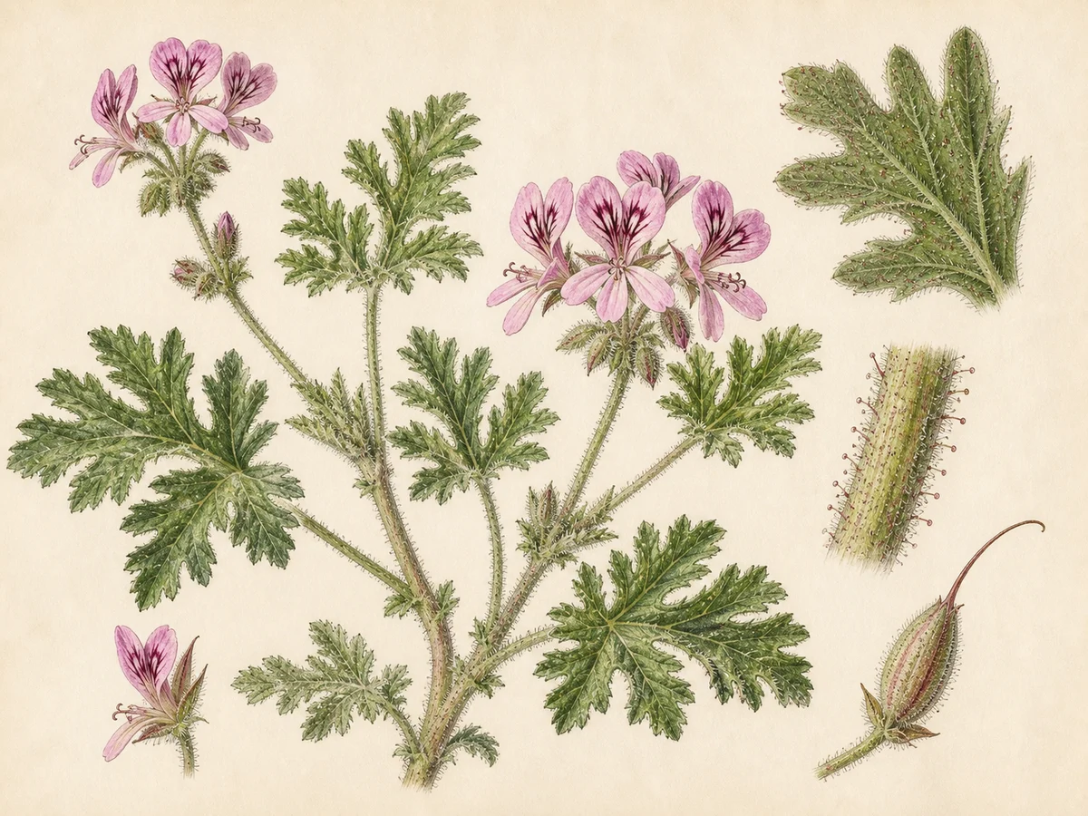 Prancha botânica complementar de Malva-cheirosa (Pelargonium graveolens) com caracteres de identificação e ciclo de vida