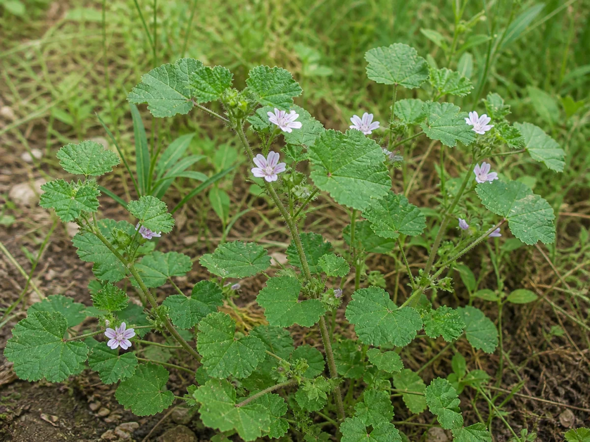 Prancha botânica complementar de Malva-pequena (Malva parviflora) com caracteres de identificação e ciclo de vida