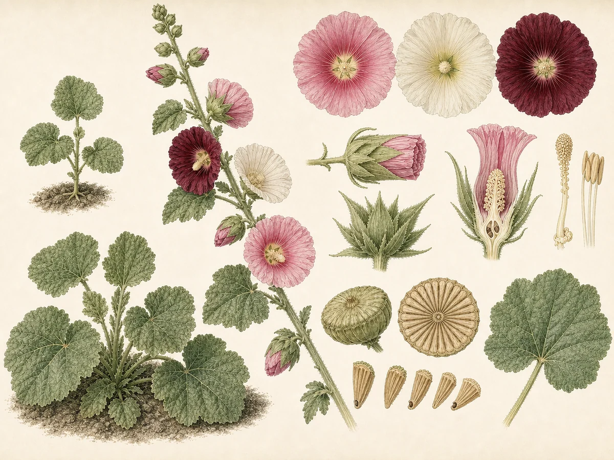 Prancha botânica complementar de Malva-real (Alcea rosea) com caracteres de identificação e ciclo de vida