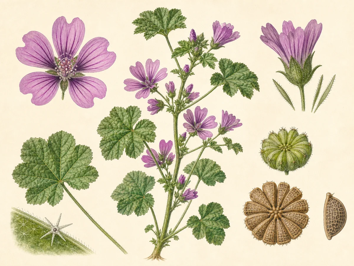 Prancha botânica complementar de Malva-silvestre (Malva sylvestris) com caracteres de identificação e ciclo de vida