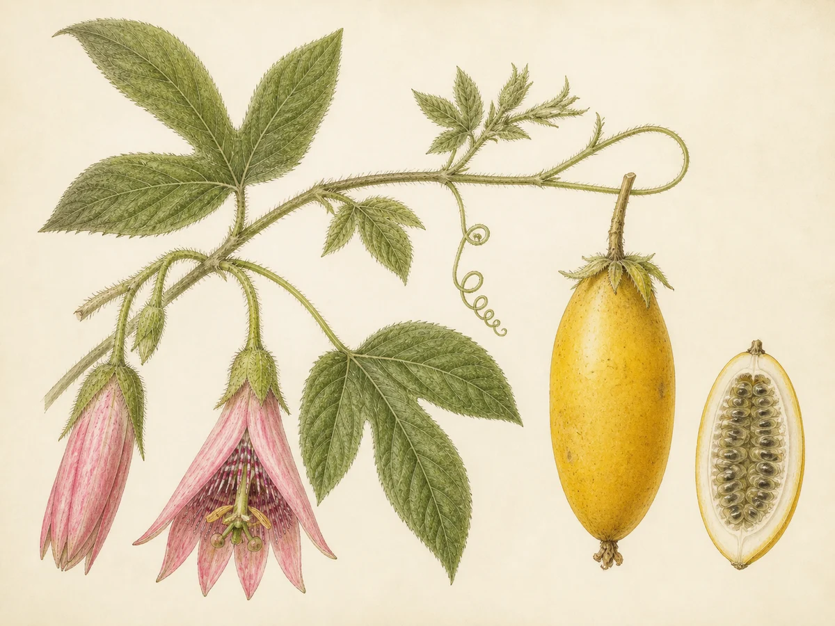 Prancha botânica complementar de Maracujá-banana — uso doméstico condicionado na Madeira (Passiflora tripartita var. mollissima) com caracteres de identificação e ciclo de vida