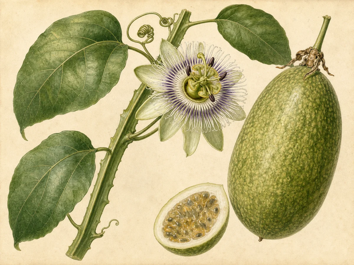 Prancha botânica complementar de Maracujá-gigante (Passiflora quadrangularis) com caracteres de identificação e ciclo de vida