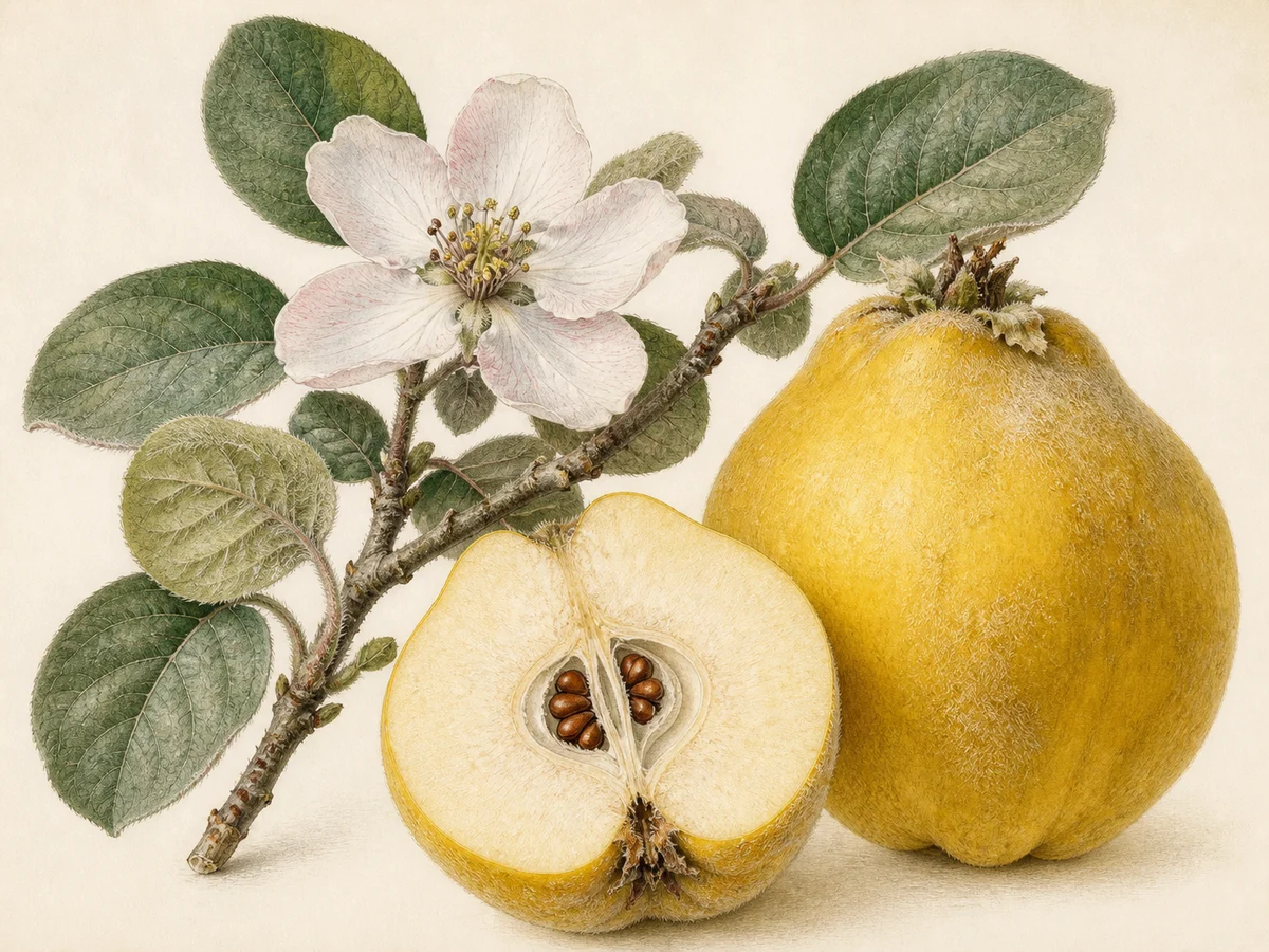 Prancha botânica complementar de Marmeleiro ‘Gamboa’ (Cydonia oblonga Mill. ‘Gamboa’) com caracteres de identificação e ciclo de vida