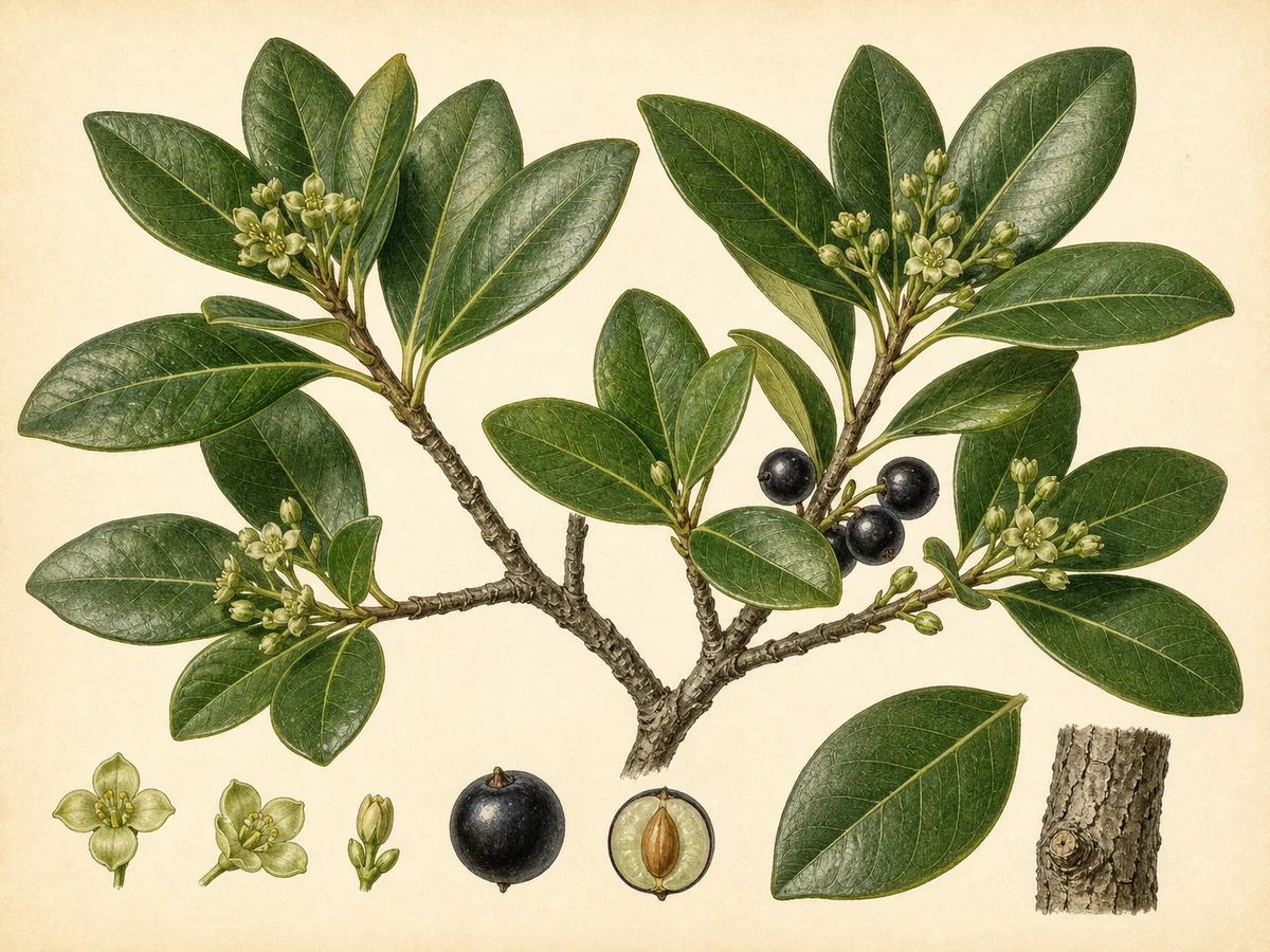 Prancha botânica complementar de Marmulano (Sideroxylon mirmulans) com caracteres de identificação e ciclo de vida