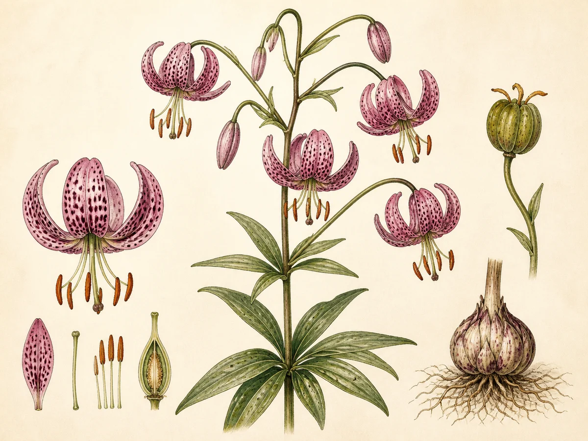Prancha botânica complementar de Martagão (Lilium martagon) com caracteres de identificação e ciclo de vida