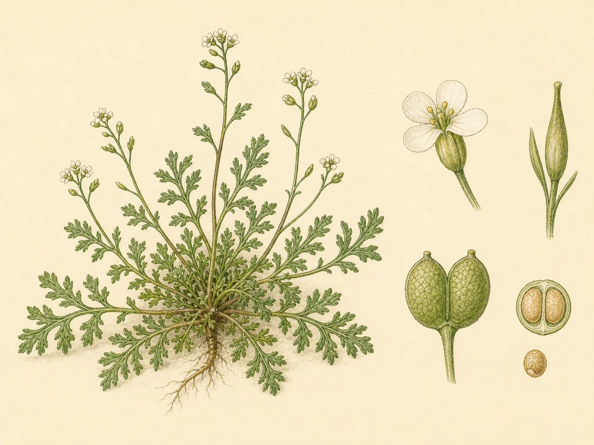 Prancha botânica complementar de Mastruço — não plantar na Madeira (Coronopus didymus) com caracteres de identificação e ciclo de vida