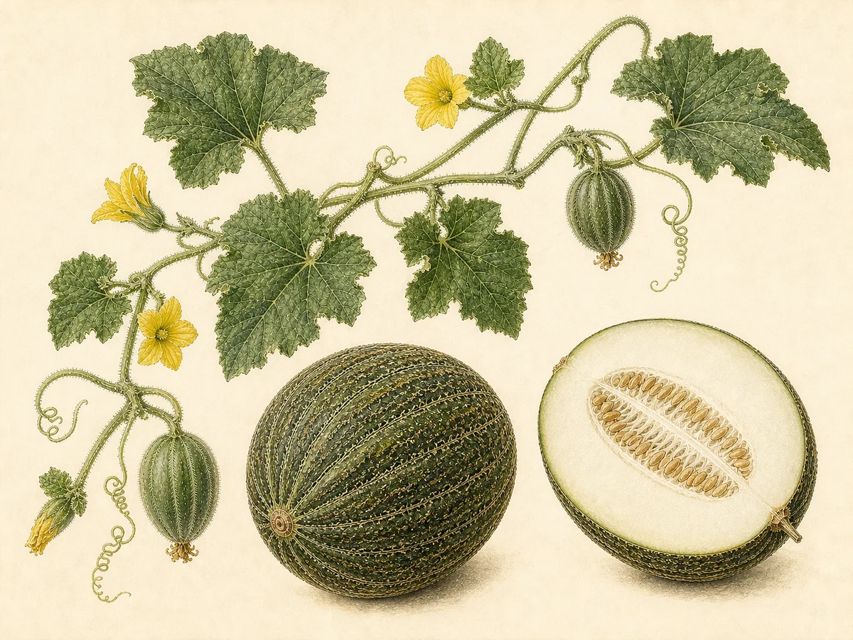Prancha botânica complementar de Melão Manuel António (Cucumis melo 'Manuel António') com caracteres de identificação e ciclo de vida