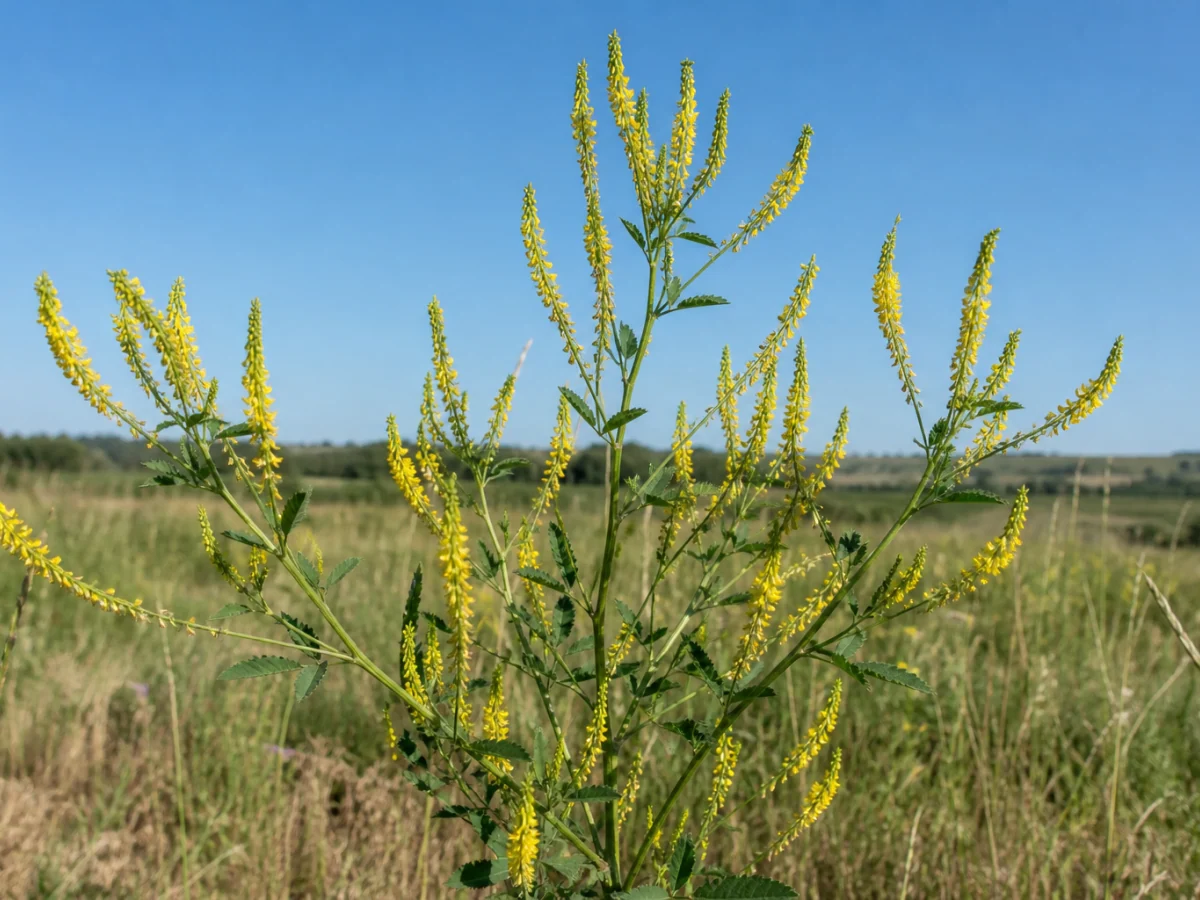 Prancha botânica complementar de Meliloto-amarelo (Melilotus officinalis) com caracteres de identificação e ciclo de vida