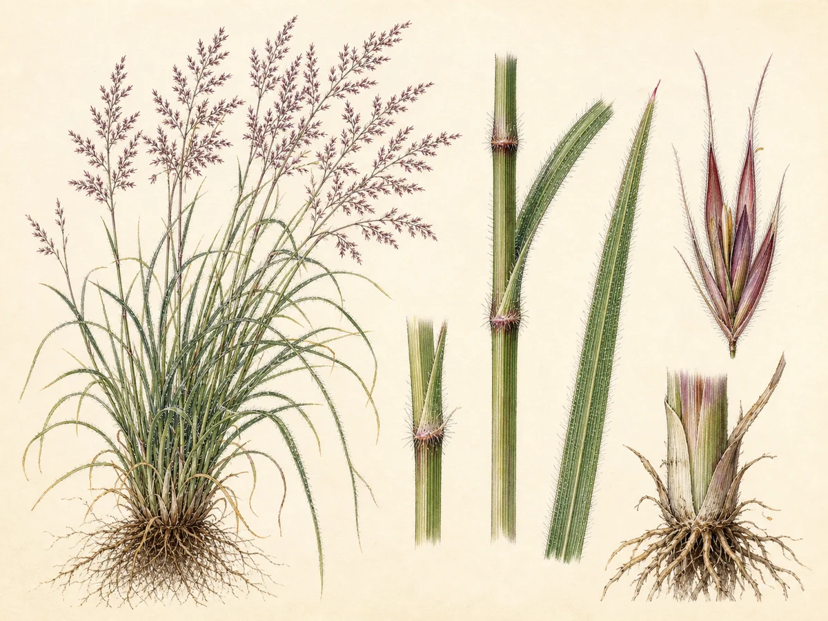 Prancha botânica complementar de Melinis minutiflora — não plantar na Madeira (Melinis minutiflora) com caracteres de identificação e ciclo de vida