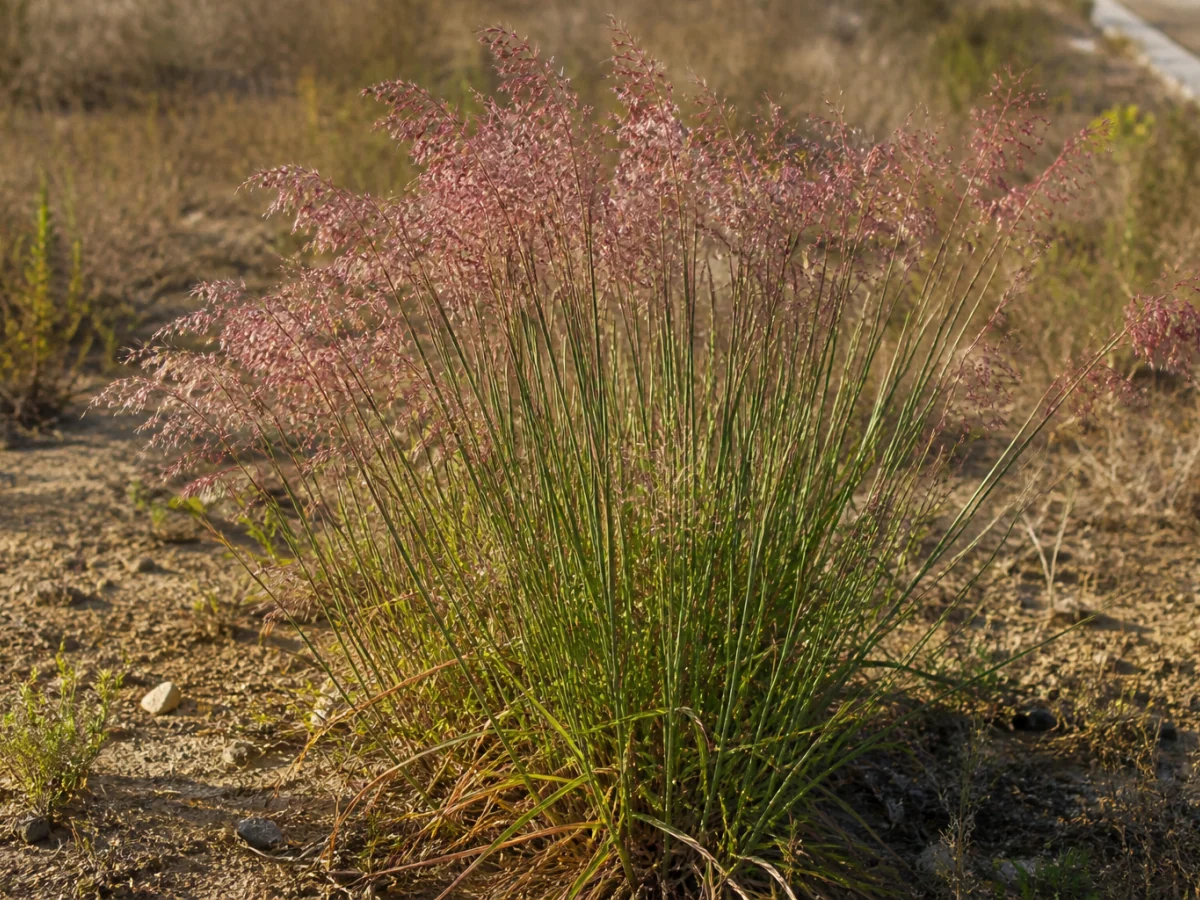 Prancha botânica complementar de Melinis repens — não plantar na Madeira (Melinis repens) com caracteres de identificação e ciclo de vida