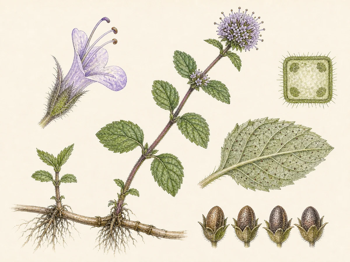 Prancha botânica complementar de Menta-da-água (Mentha aquatica) com caracteres de identificação e ciclo de vida