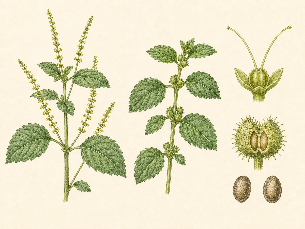 Prancha botânica complementar de Mercurial-anual (Mercurialis annua) com caracteres de identificação e ciclo de vida