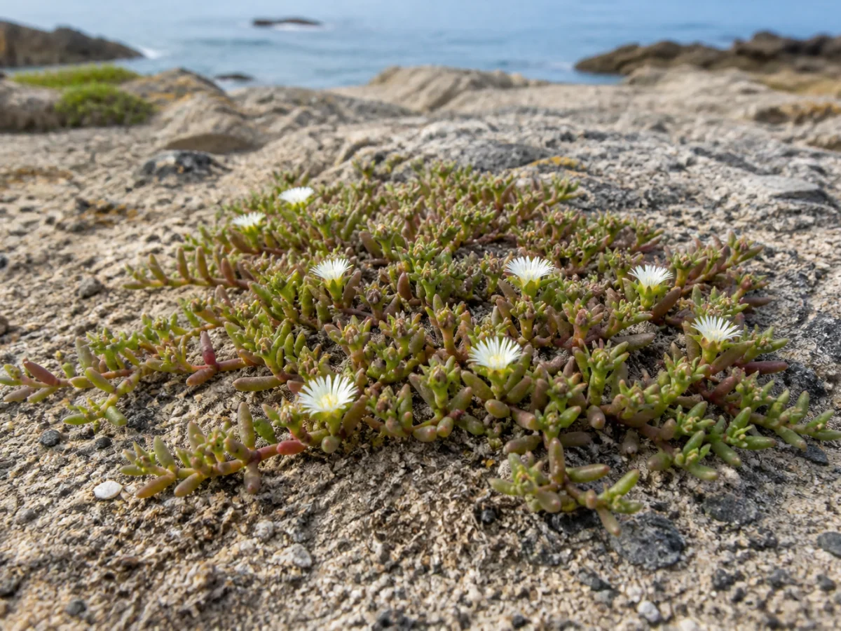 Prancha botânica complementar de Mesembriantemo-nodifloro (Mesembryanthemum nodiflorum) com caracteres de identificação e ciclo de vida