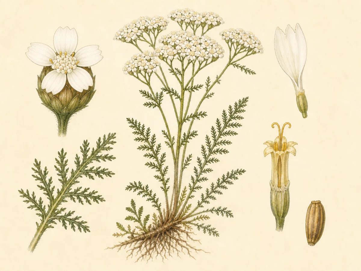 Prancha botânica complementar de Mil-folhas (Achillea millefolium) com caracteres de identificação e ciclo de vida