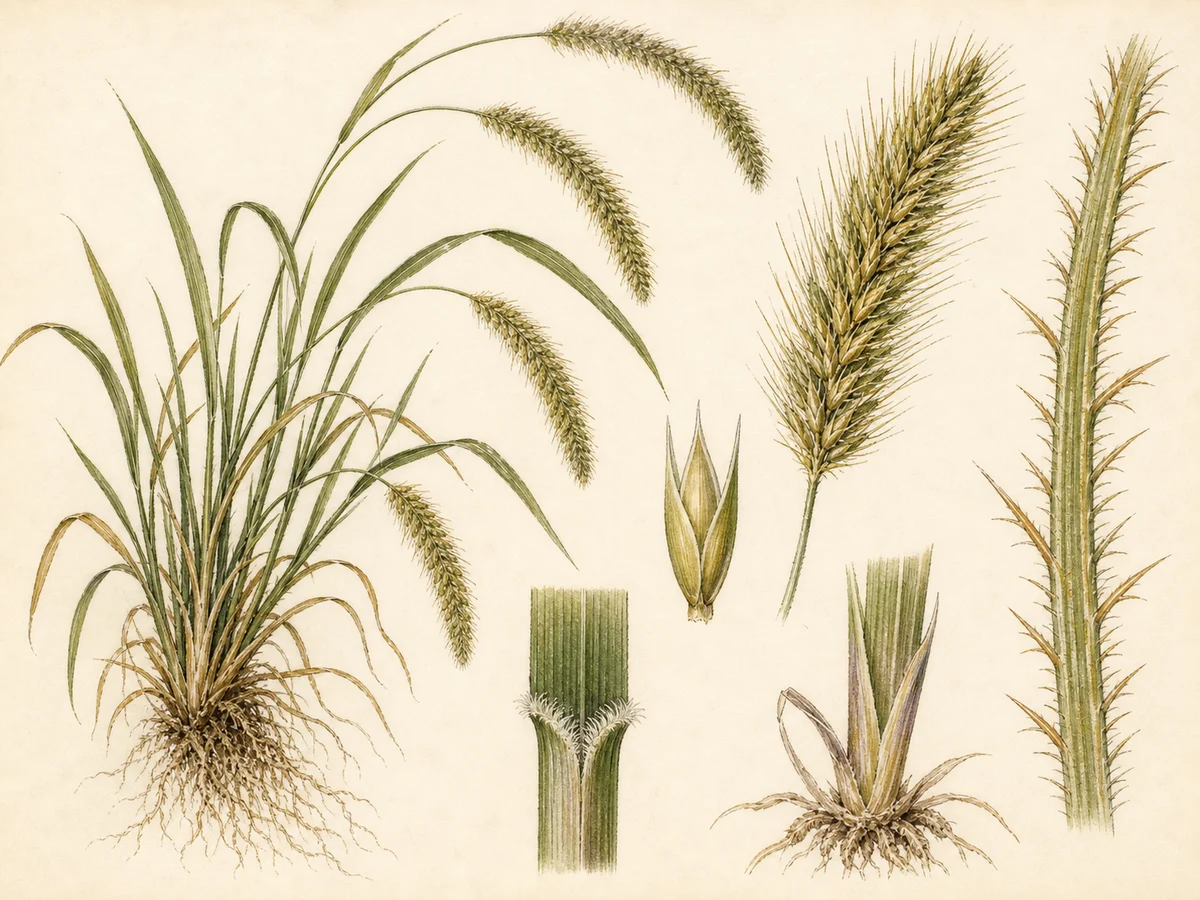 Prancha botânica complementar de Milhã-verticilada — não plantar na Madeira (Setaria verticillata) com caracteres de identificação e ciclo de vida