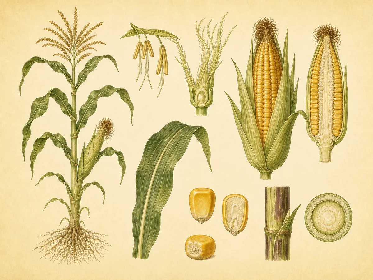 Prancha botânica complementar de Milho-doce (Zea mays convar. saccharata) com caracteres de identificação e ciclo de vida